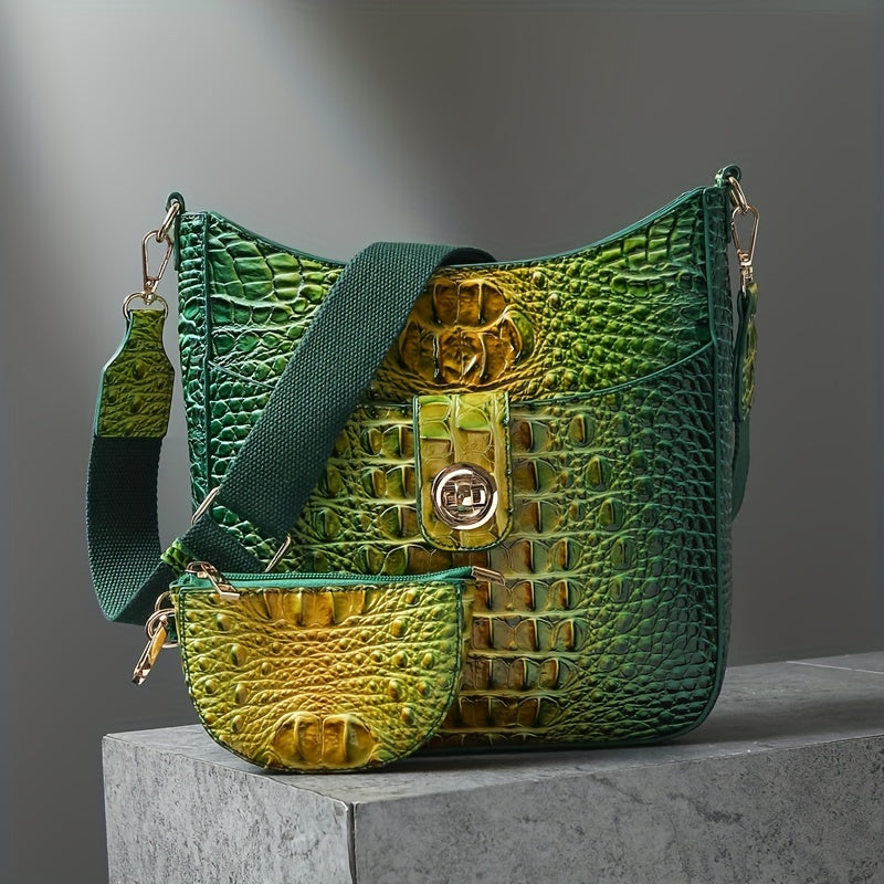 Elegant women's cross-body bag, fashionable color crocodile pattern cross-body bag, wide shoulder strap removable two-piece women's bag, safety zipper bag with coin purse