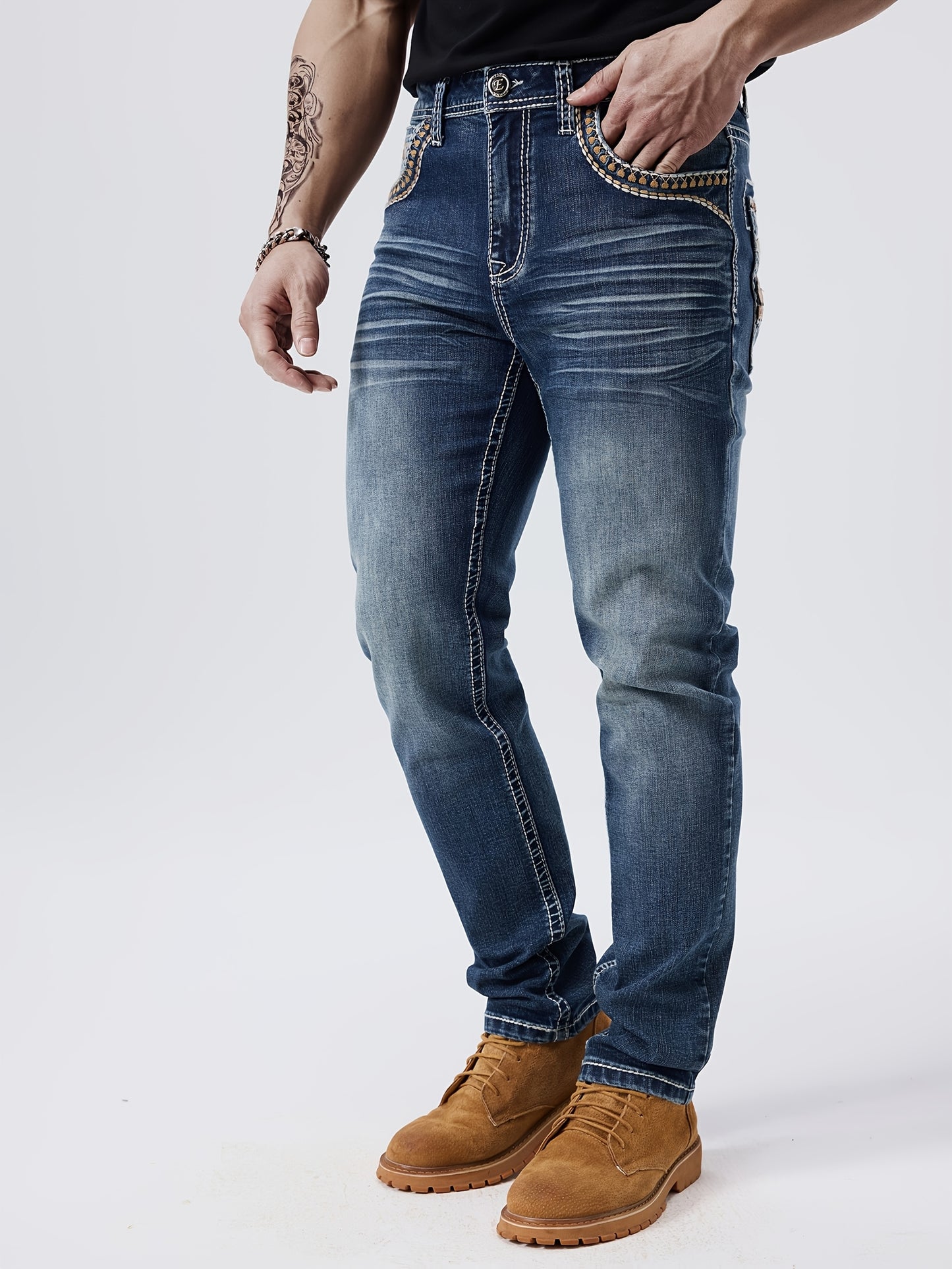 Men'S ESDVQ Embroidered Denim Jeans - Stretchy, All-Season, Casual Straight Leg Jeans With Brown Boots, Casual Attire | Embroidered Jeans | Casual Fit Jeans