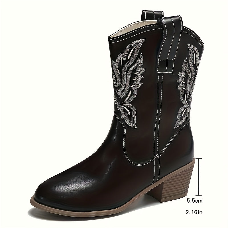 MagiMoBo Women's Western Slip-On Mid-Calf Boots - Pointed Toe Chunky Heel with Floral Embroidery, Synthetic Cover & Rubber Sole, All-Season Casual Boots for Jeans & Dresses, Stylish Footwear, Embellished Footwear, Detailed Em
