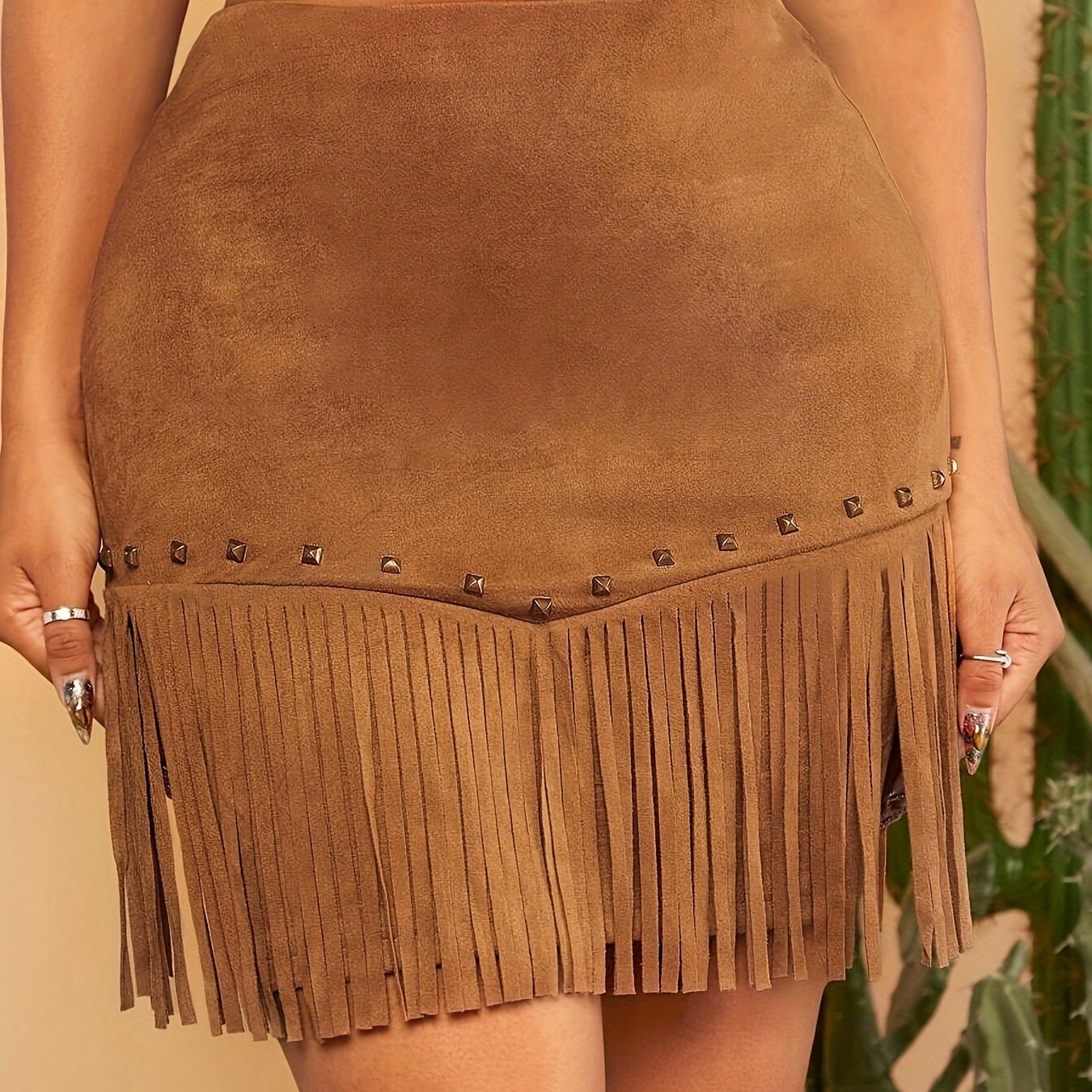 Studded Detail Tassel Hem Bodycon Skirt, Elegant High Waist Mini Skirt For Spring & Summer, Women's Clothing