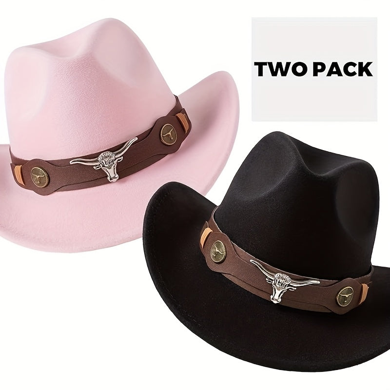 [2-Pack Western Cowboy Hats] 2-Pack Stylish Western Cowboy Hats, Beige & Brown, Unisex Polyester Felt Hats | Wide Brim Hat, Faux Leather & Bull Head Belt, Perfect for Western Themed Events, Costume Parties, and Outdoor Advent