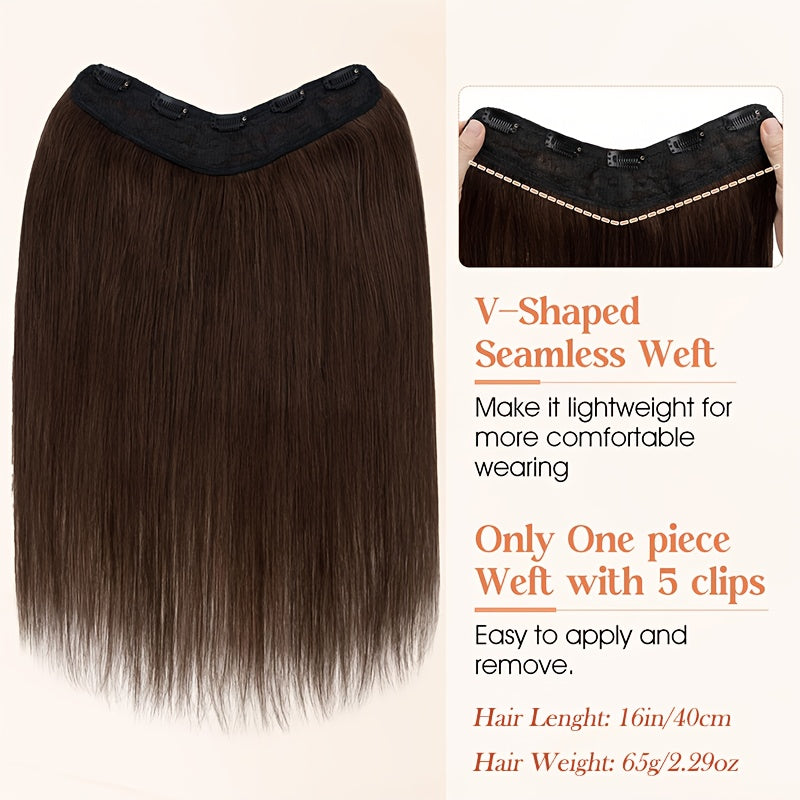 16-Inch Long Human Hair Clip In Extensions - Full Head V-Shaped Weft with 5 Clips, Natural Brown/Black/Blonde/Dark Brown/ Brown/Dirty Blonde/Chestnut Brown/Red Brown/White/Gray/ Auburn - Straight Hair Extension for Women, Bal