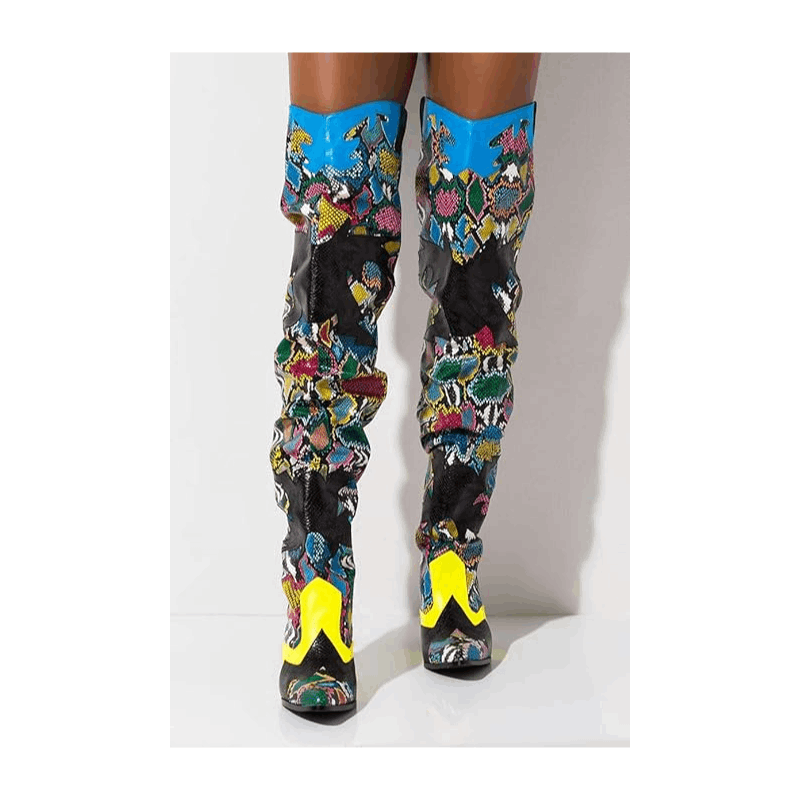 HILDA Colorful Snakeskin Over-the-Knee Boots – Chunky Low Heel Western Style