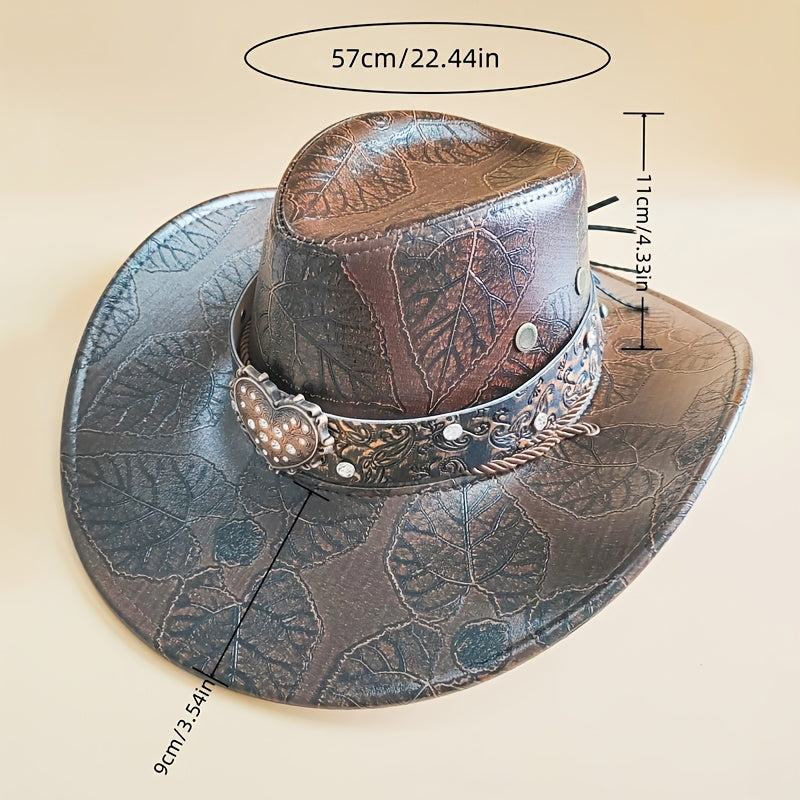 1pc Elegant Heart Pattern Faux Leather Cowboy Hat, Unisex Fedora Style Western Hat, Lightweight, Non-Stretch Fabric, with Diamond Accents for Travel, Parties, and Daily Wear