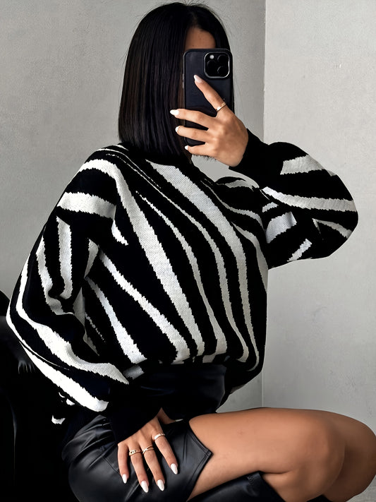 Women's Elegant Zebra Stripe Sweater - Soft Round Neck Long Sleeve Pullover, Black & White Striped Fall Winter Warm Top, Regular Fit Versatile Casual to Formal Wear, Cozy Office & Everyday Pullover, Zebra Print Clothes, Highq