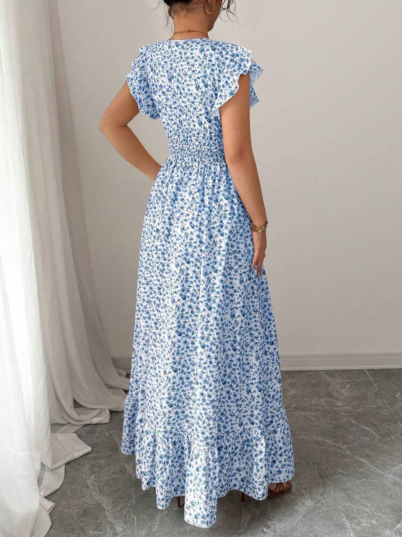 [Elegant Floral Dress] Elegant Floral Print V-Neck Dress with Ruffle Sleeves | Long Sleeveless A-Line Dress for Women - Blue, Perfect for Spring/Summer/Fall, Casual to Formal Wear
