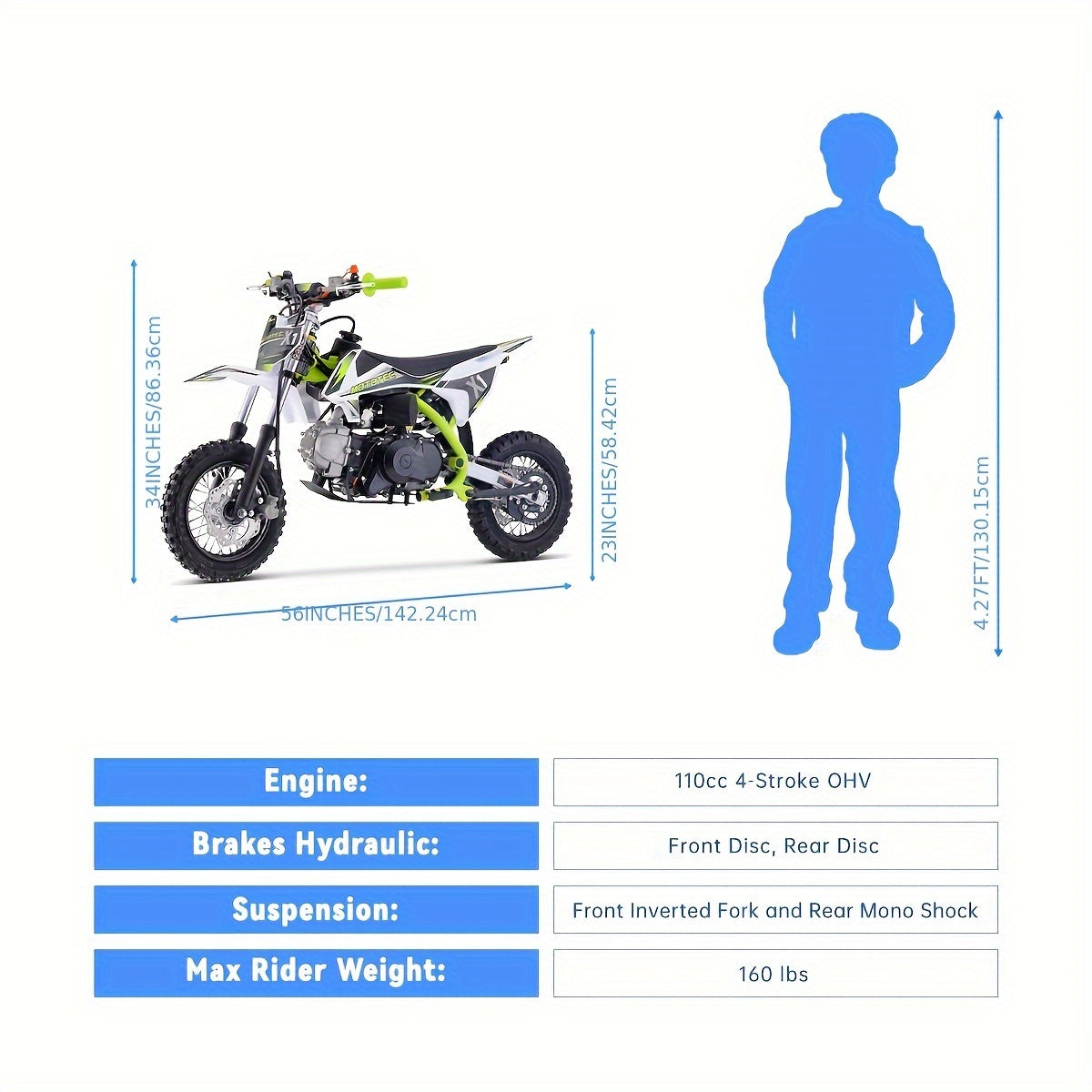 Gas Dirt Bike | 110cc 4-Stroke Engine | 6.7 HP, 8000 RPM | Carbon Steel Frame | Electric Start | SAE 10W | 74.39oz Fuel Tank | Durable Design for Off-Road Adventures, Offroad Biking | Dynamic Graphics | Rugged Tires