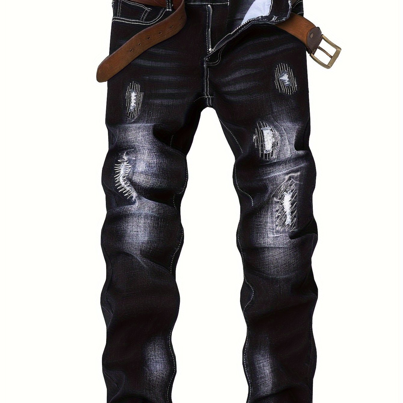Men'S Slim Fit Stretch Jeans - Black, Slimming Denim Pants with Raw Hem & Button Detail, Versatile for All Seasons, Everyday Basics, Versatile Jeans | Distressed Denim | Rugged Denim Fabri