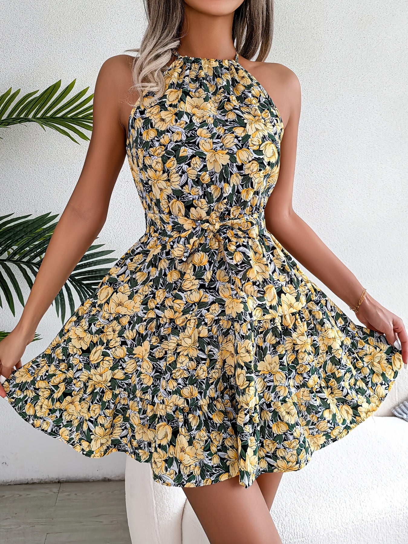 [Summer Floral Belted Beach Dress] Floral Print Belted Beach Dress, Sleeveless Casual Vacation Dress For Summer & Spring, Women's Clothing