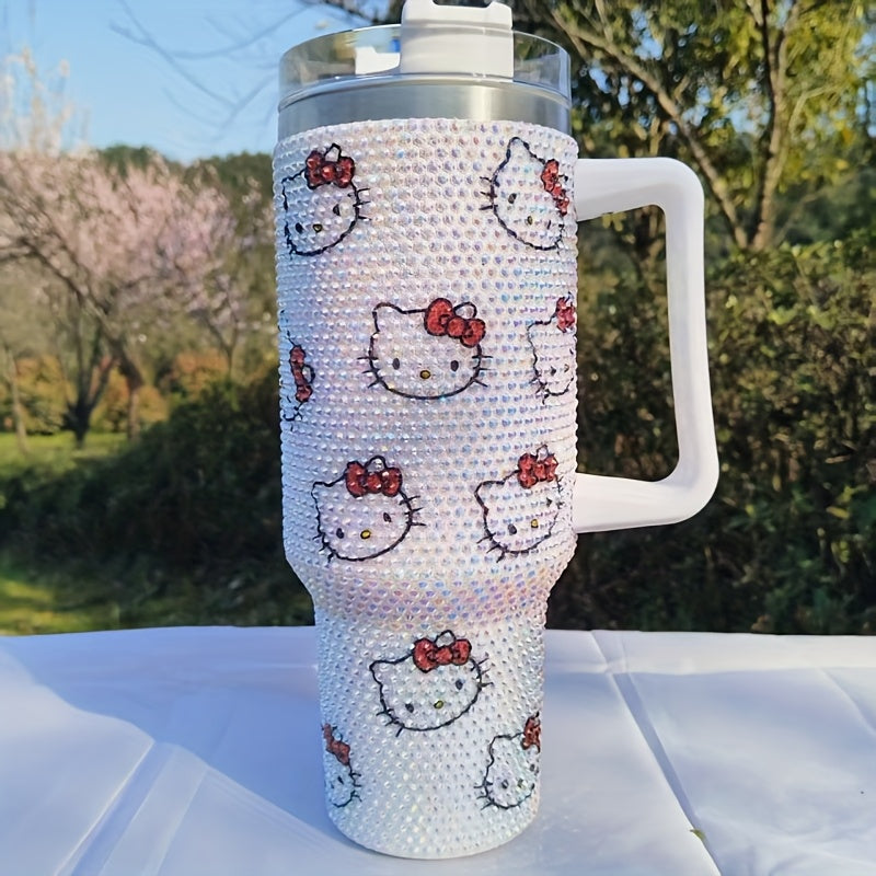 1pc Hello Kitty 40oz Stainless Steel Insulated Water Bottle with Rhinestone Tumbler Lid, Cute Pink Kitty Cat Handle & Straw - BPA-Free Thermos for,, Women, Birthday/Christmas/Valentine's Gift, Hot/Cold Drink Thermos, Drink Bo