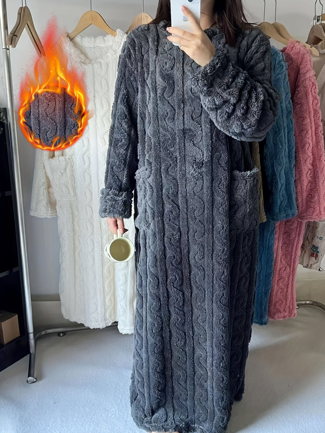 [Ultra-Soft Sleeprobe] Ultra-Soft Women's Heavy-Duty Coral Fleece Sleeprobe | Long Robe with Pockets, Non-Sheer Winter Nightgown for Cold Weather, Machine Washable Loungewear for Home, Spa, Lounge - Plush Robe, Cozy Home Atti