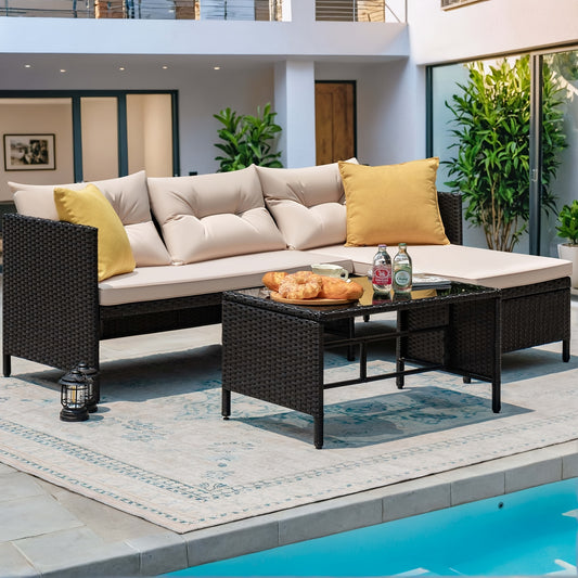 Outdoor Rattan Sofa, L-Shaped Lounge Chair With Table, Black Rattan And Beige Cushion