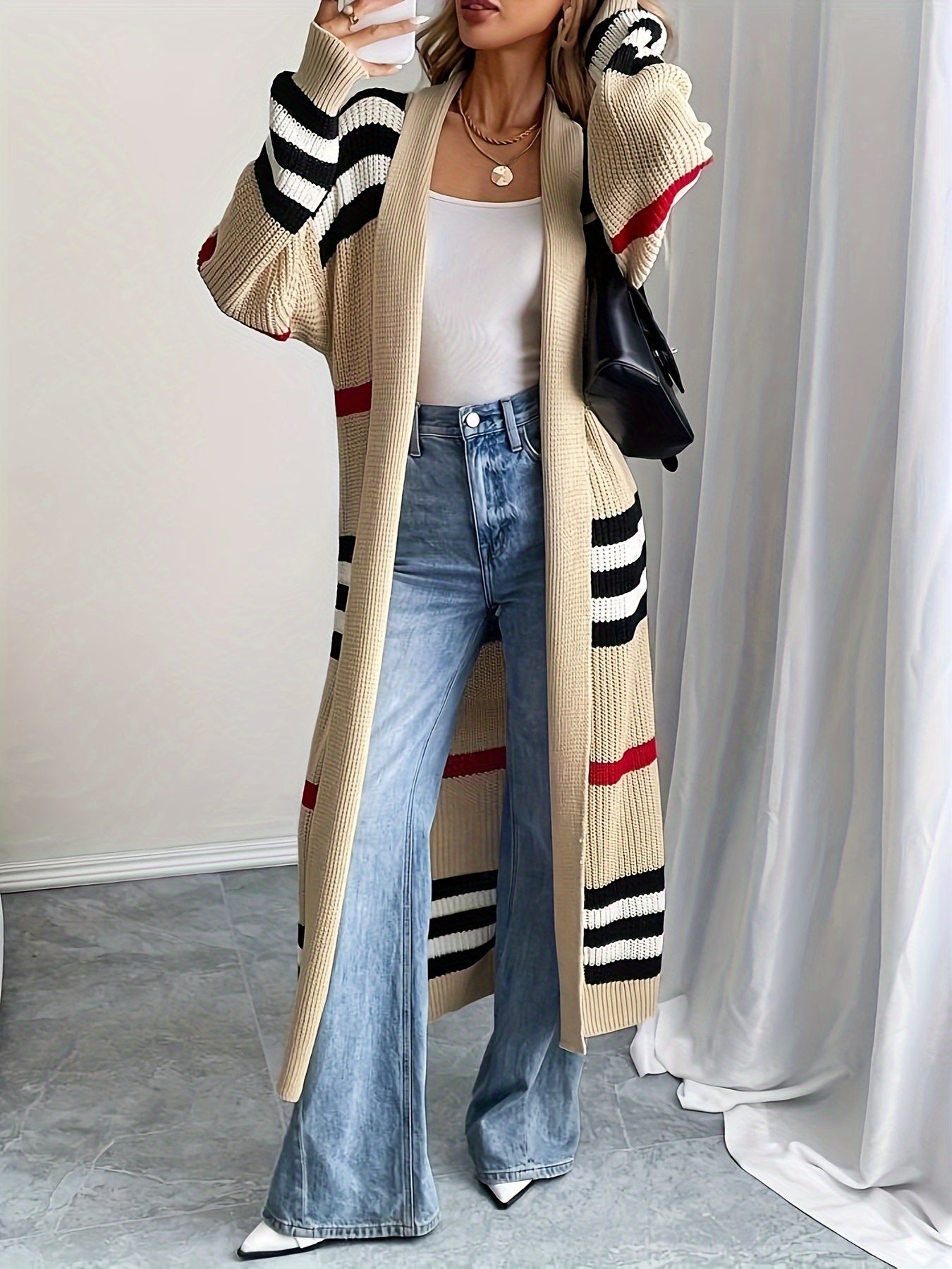 European and American Long Striped Sweater Loose Color-Block Versatile Cardigan Coat