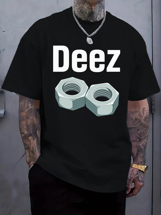 Men's Casual Loose Fit Round Neck T-Shirt - White Tee with Bold "Deez" Text & Nut Graphics, Machine Washable Streetwear Top for Everyday Comfort