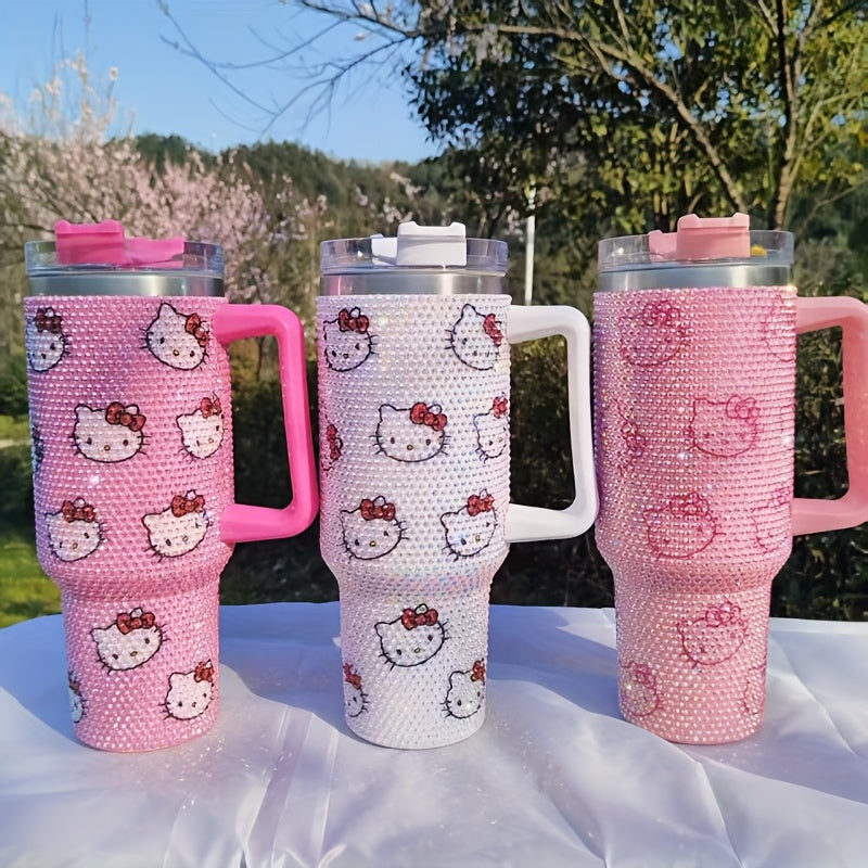 1pc Hello Kitty 40oz Stainless Steel Insulated Water Bottle with Rhinestone Tumbler Lid, Cute Pink Kitty Cat Handle & Straw - BPA-Free Thermos for,, Women, Birthday/Christmas/Valentine's Gift, Hot/Cold Drink Thermos, Drink Bo