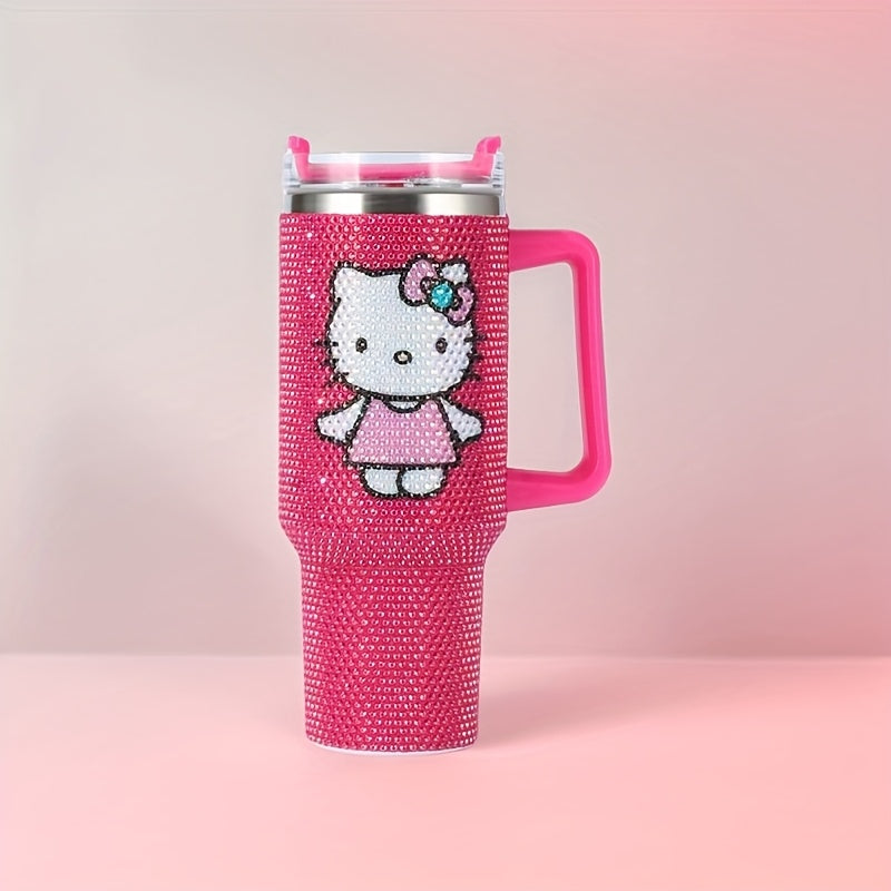 1pc Hello Kitty 40oz Stainless Steel Insulated Water Bottle with Rhinestone Tumbler Lid, Cute Pink Kitty Cat Handle & Straw - BPA-Free Thermos for,, Women, Birthday/Christmas/Valentine's Gift, Hot/Cold Drink Thermos, Drink Bo