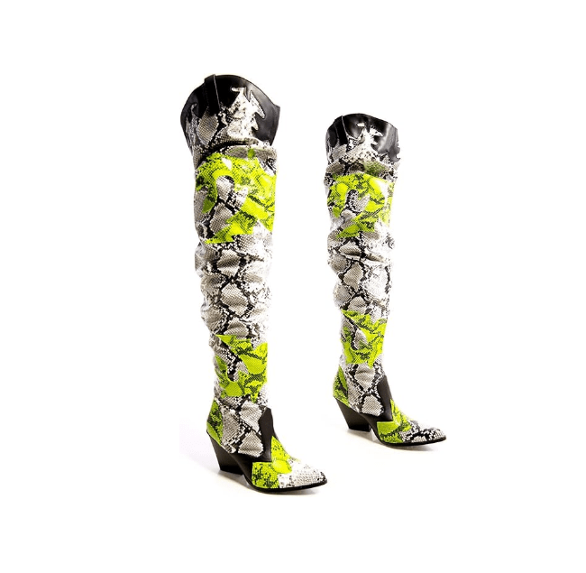 HILDA Colorful Snakeskin Over-the-Knee Boots – Chunky Low Heel Western Style