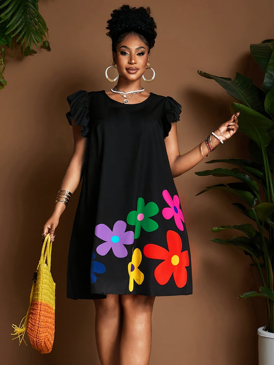 [Elegant Dress] Lightweight Polyester Elegant Floral Print Women's Dress | A-Line Ruffle Sleeve Round Neck, Black with Colorful Flower Design, Casual Elegance