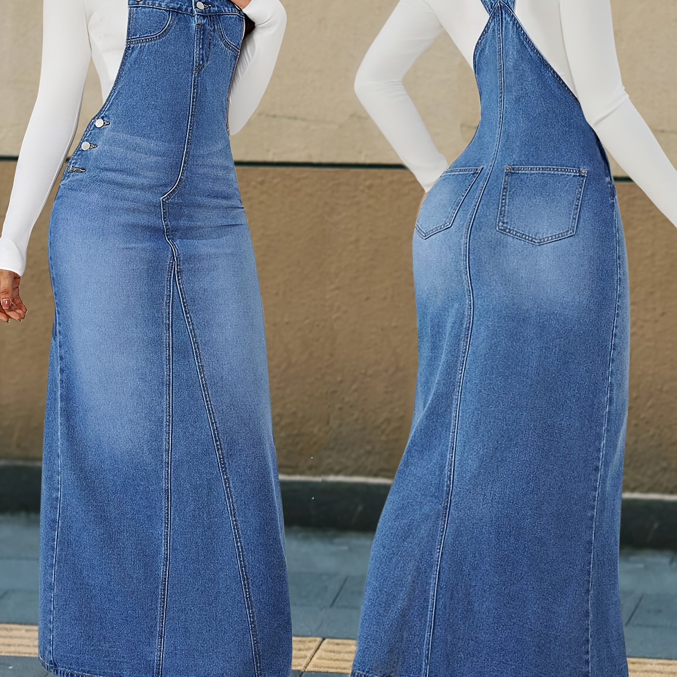 Durable Denim Dress - Women's Non-Stretch Loose Fit Long Skirt with Detachable Strap, Multiple Buttons for Easy Closure, Everyday to Formal Outfits - Casual Chic Outwear, Versatile Outfit Option