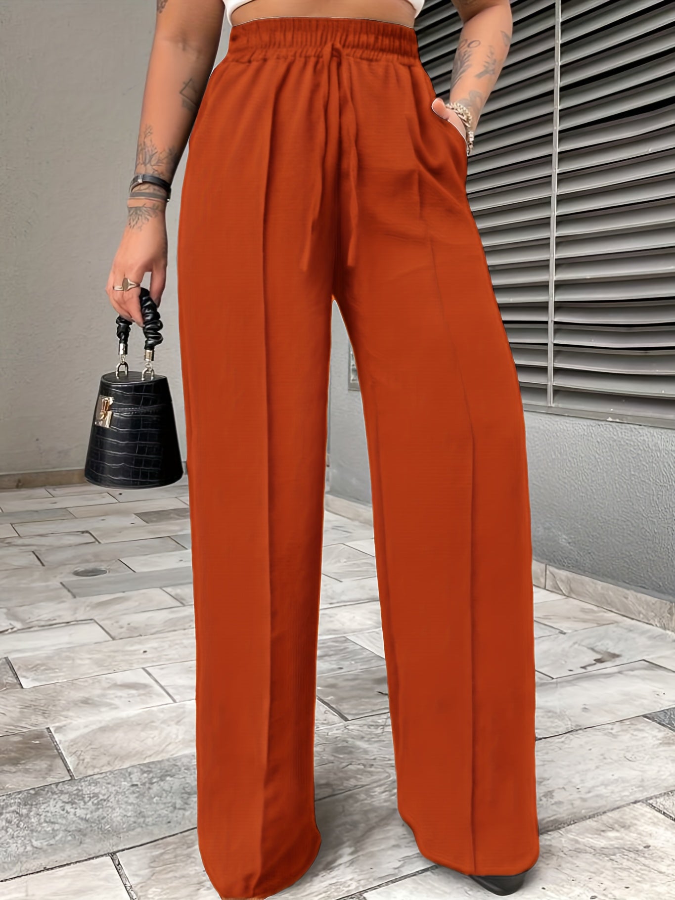 Elegant Middle-Eastern Polyester Straight Leg Pants 95% Polyester 5% Elastane Solid Color with Faux Drawstring Detail Spring/Fall Collection for Women - Woven Fabric, Comfort Fit Lounge Trousers with Pockets