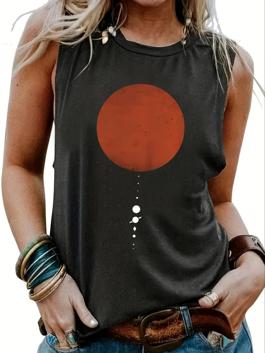 Women'S Vintage-Inspired Sleeveless Tank Top with Red Sun Graphic Print - Casual Spring/Summer Top, Crew Neck, Brown Belted Jeans, Blue & Green Beaded Bracelets, Casual Summer Wear | Vintage Tank Top | Construction, Tank Tops