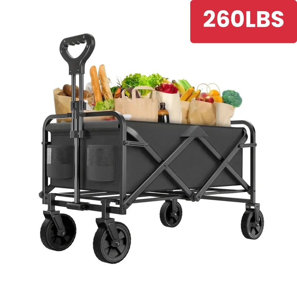 1pc 30" Heavy-Duty Collapsible Shopping Cart with All-Terrain Wheels - Foldable Utility Wagon for Beach, RV Storage, Sports, and Camping, Black Mesh & Durable Fabric Construction, Beach Wagon Cart