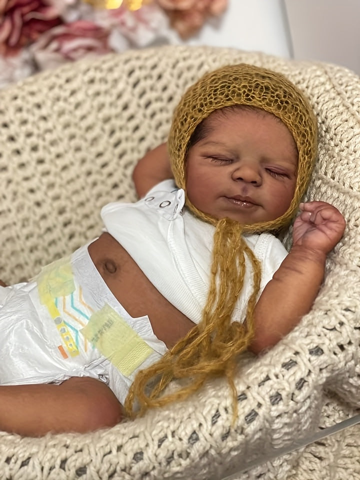 19 Inch Reborn Baby Doll- Soft Full Vinyl Body, Lifelike Newborn Sleeping Doll Dark Brown Girl, Rooted Hair, Lovely Kids Toy Gift, Realistic Alive Doll For Birthday/ Thanksgiving Day/ Christmas Gifts
