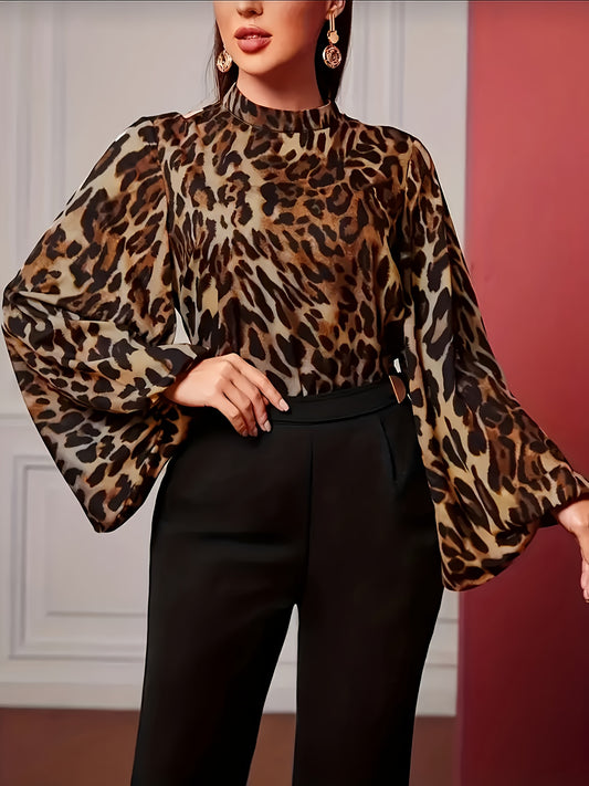 Summer Classic Leopard Print Ladies Shirt, Chinese Stand Collar, Loose Big Swing Sleeves, Suitable For Commuting Dating Wear, Wear Temperament Personality Fashion