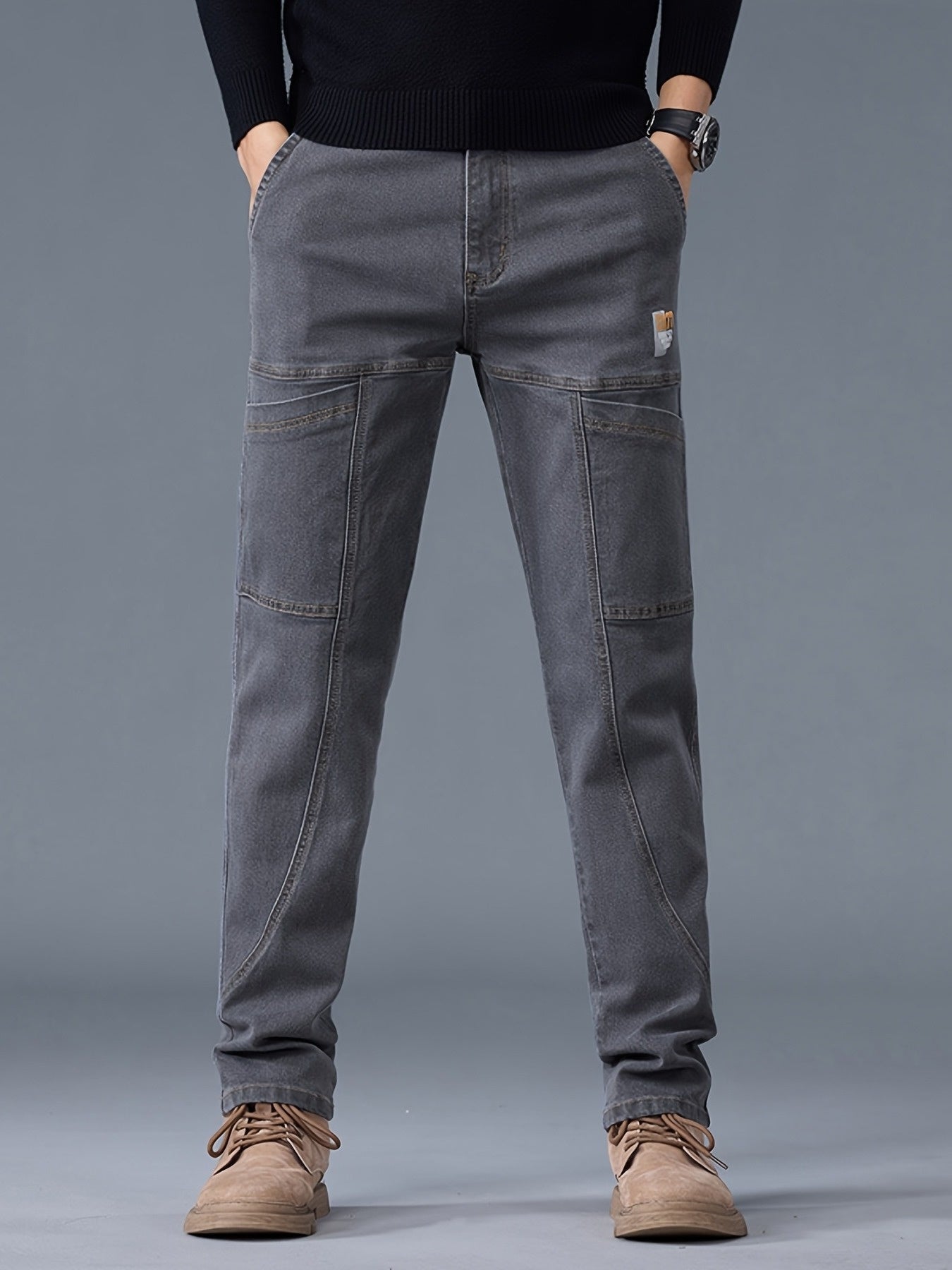 Men'S Small Straight Tube Style Fashionable Printed Six Pocket Design Micro Elastic Denim Pants