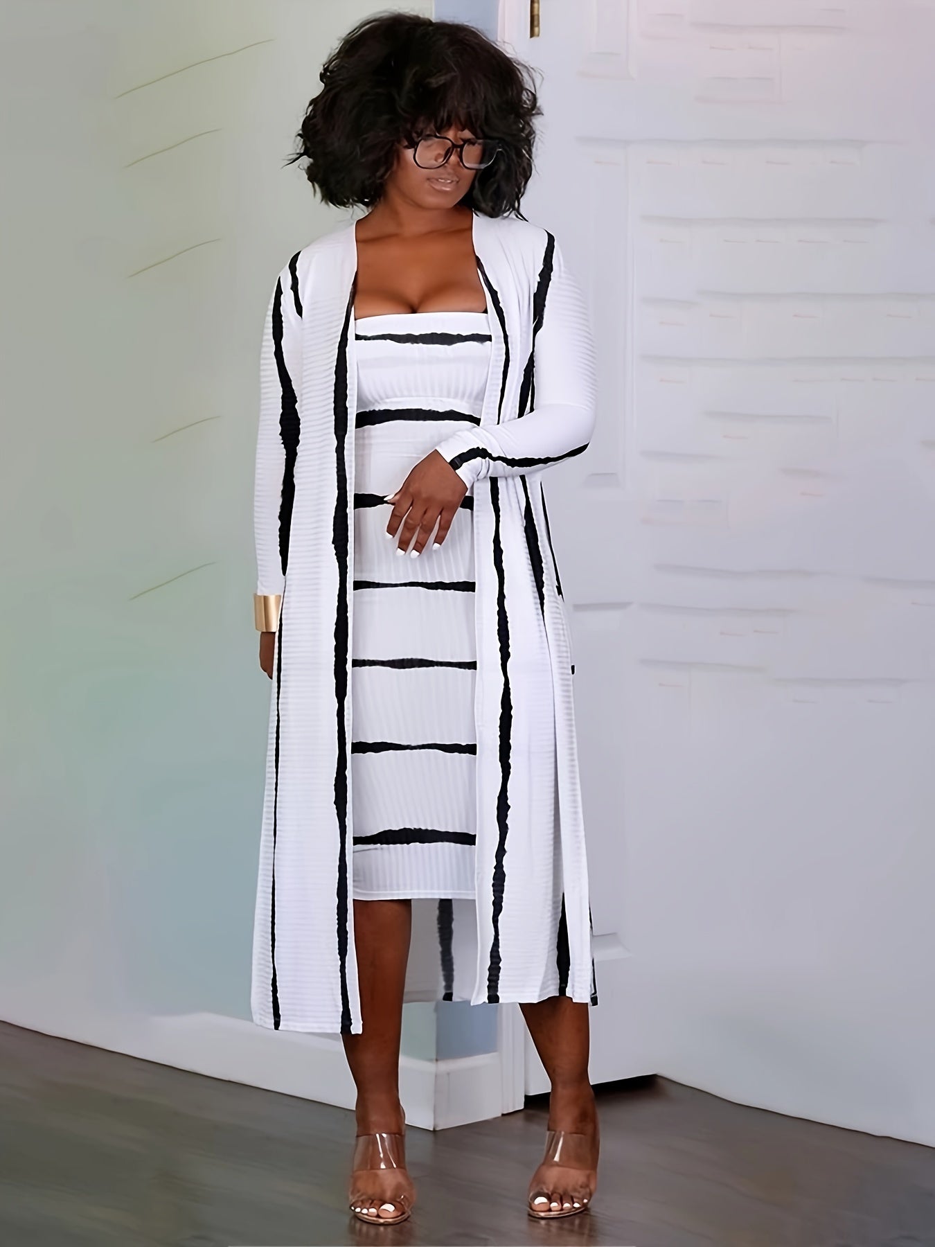 Striped Matching Two-piece Set, Casual Long Sleeve Open Front Split Cardigan & Slim Ribbed Midi Tube Dress Outfits, Women's Clothing