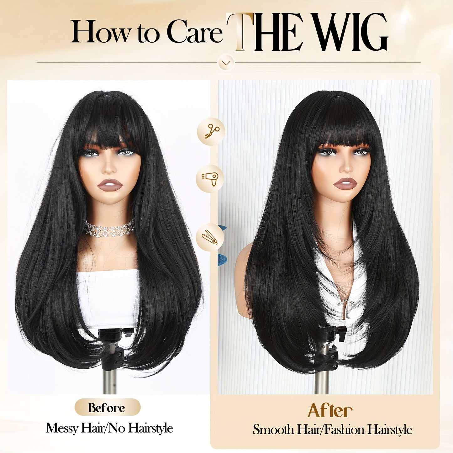 Long Straight Layered Wig with Bangs Glueless Natural Black Synthetic Bangs Wig 26 Inch Put On and Go Wigs High Temperature Fiber Pixie Cut Layered Wig for Women Daily Use