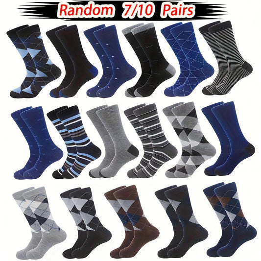 Random 7 Pairs of Men'S Solid Color Autumn And Winter Classic Diamond Grid British Style Large Size Mid-Tube Solid Color Business Sports Casual Mid-Tube Socks