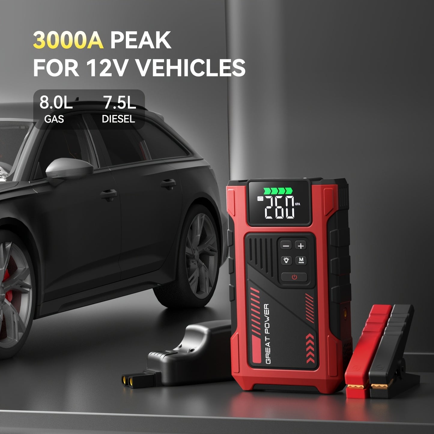 Portable Car Air Compressor & Jump Starter with LED Emergency Light, 3000A Peak Power, 12V for Gas/Diesel Engines, USB Input/Output, Digital Tire Inflator, Red, Insulated Material, Fast Charging, Car Accessories Tools, Vehicl