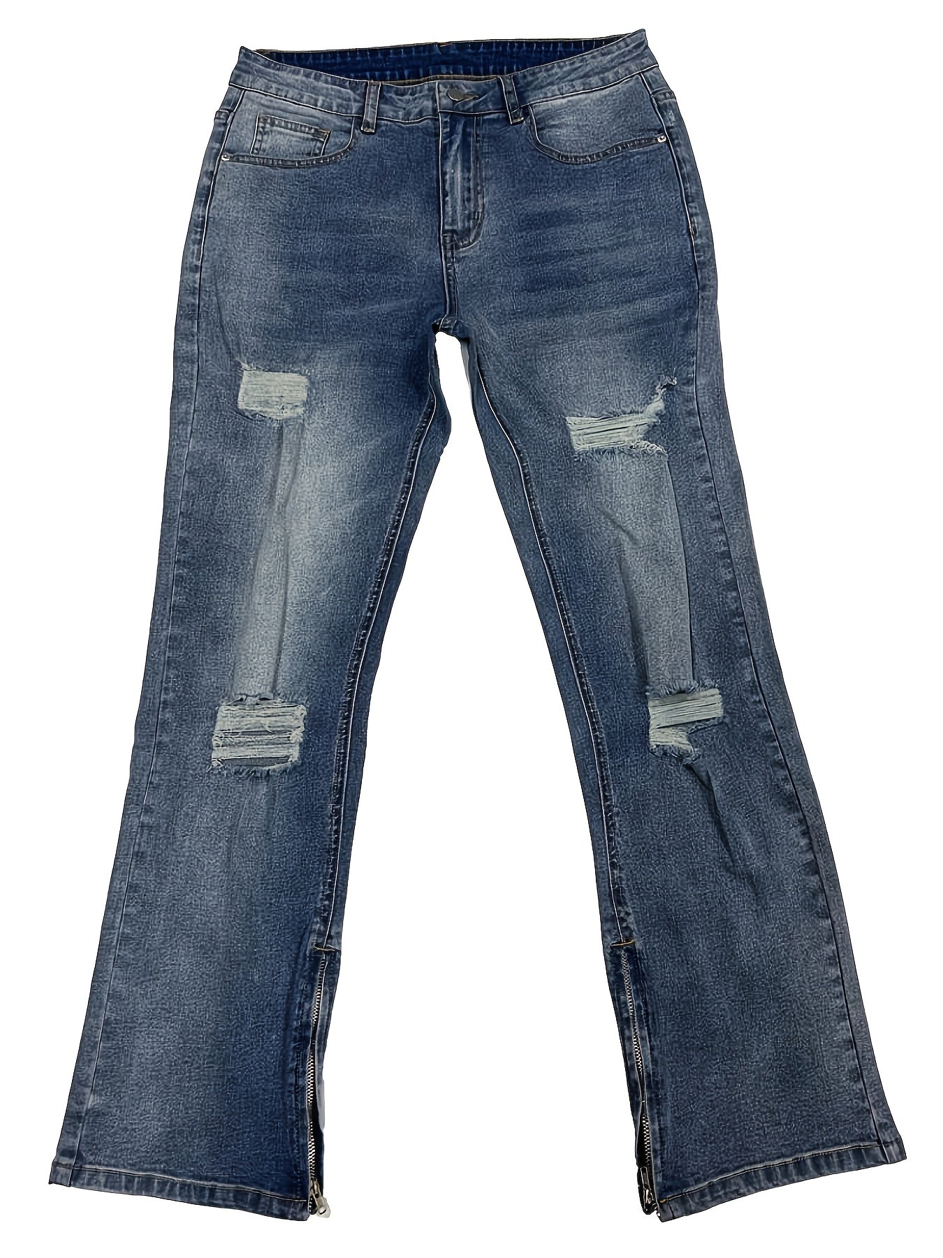 Men's Loose Straight Ripped Jeans - Men's Blue Stretch Micro Flared Pants, Leg Zipper, Washed Gradient Design, Mid to High Waist, Stylish Street Split, All-Season Jeans