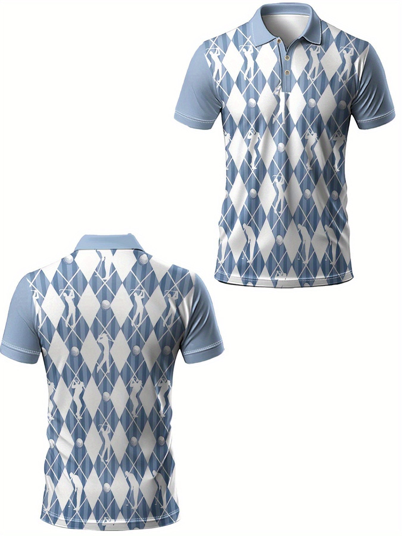 Men'S Stylish Diamond Grid & Golf Swing Print Short Sleeve Shirt - Light Blue & White Collar, Regular Fit Casual Sports Top for Spring/Summer Outdoor Activities