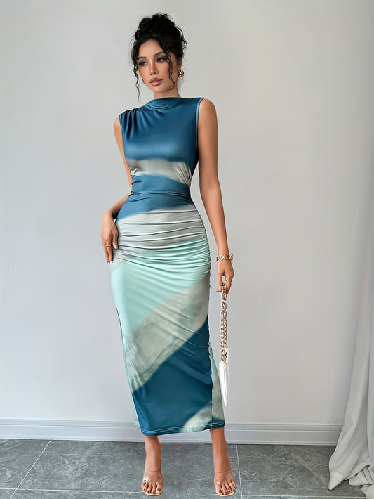 [Elegant Maxi Dress] Elegant Bodycon Maxi Dress for Women | Gradient Blue to Mint Green, Pleated Detail, Machine Washable, Sleeveless, Flowing Silhouette, Wrinkled Detailing - Spring/Summer/Fall Events