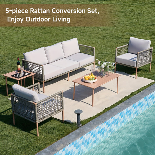 5pcs Outdoor Patio Furniture Set, Wicker Rattan Sofa Conversation Set with Cushion, 3-Seat Sofa, 2 Single Chairs And 2 Coffee Tables for Backyard, Balcony, Lawn, Garden, Porch, Poolside