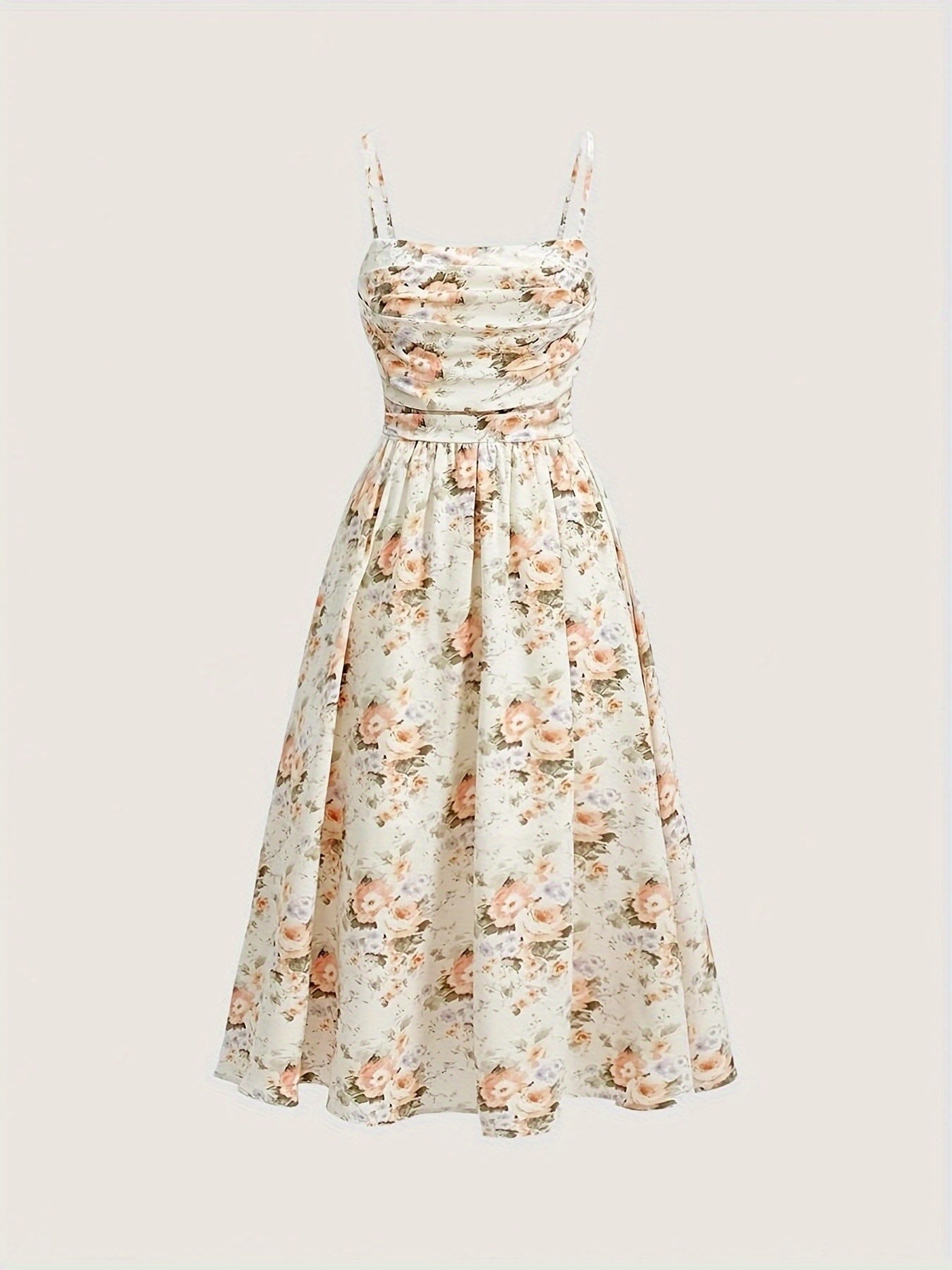 [Floral Beach Dress] Floral Beach Dress - Elegant Floral Print with Waist Tie, Spaghetti Strap Party & Wedding Guest Gown in Beige/ Pink/ White/ Green Floral Pattern - Non-Stretchy Fabric for Formal & Casual Events - Spring/