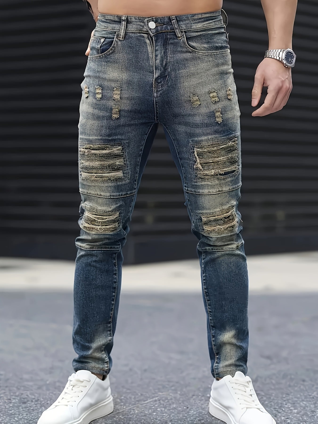 Men's Jeans, Stretch Denim Feet, Ripped, Craftsmanship, Slim, Dark Blue, Worn Men's Pants, Suitable for All Seasons