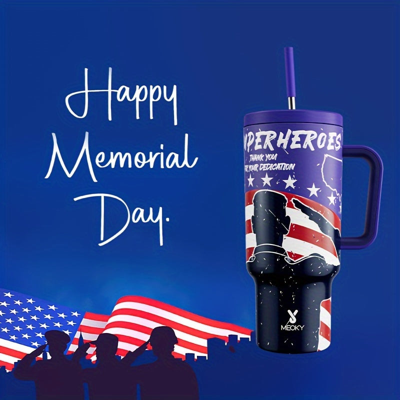 [American Flag Vacuum Mug] 1pc Stainless Steel American Flag Vacuum Insulated Travel Mug - With Handle, Lid, and Straw - For Independence Day & Memorial Day