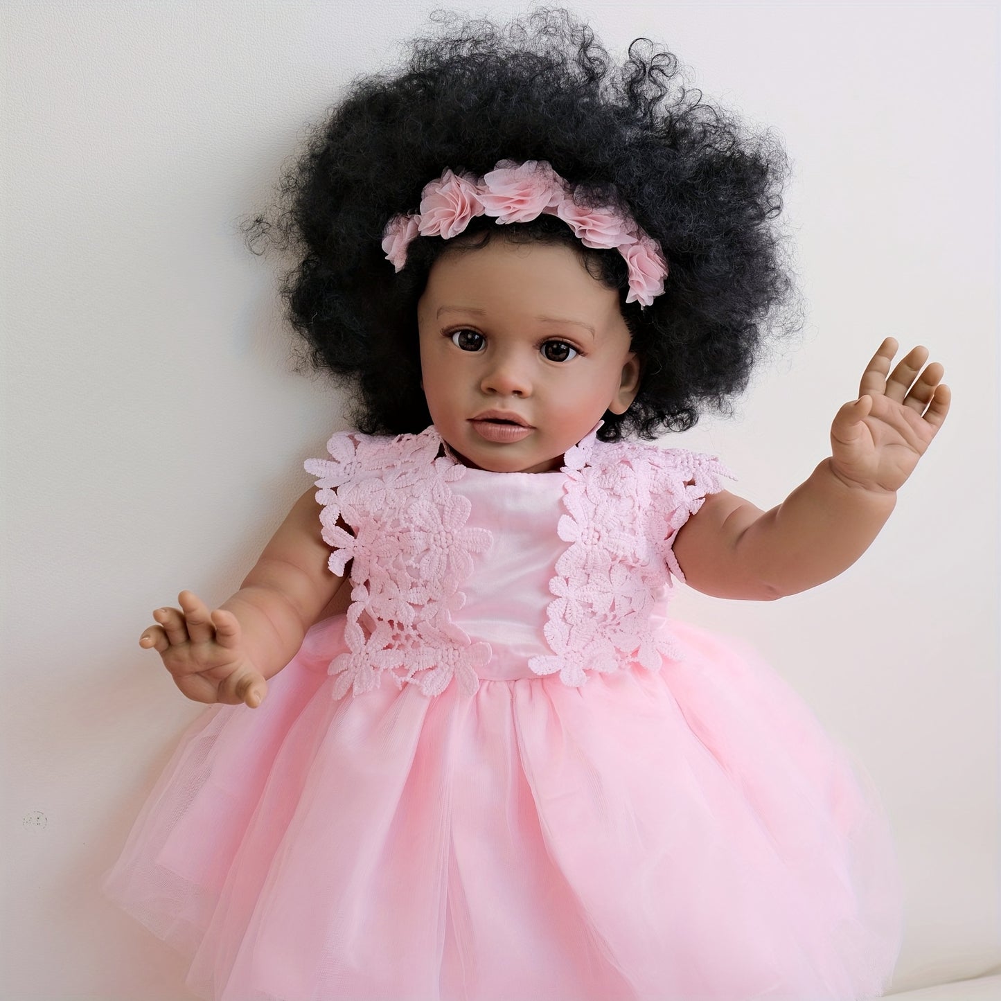 [Realistic Reborn Baby Doll] 26" African American Black Realistic Reborn Baby Doll with Rooted Curly Hair, Expressive Eyes & Lifelike Light Beige - Newborn Girl Doll with Outfit & Diaper - Ideal Gift for Girls Age 3+ (Vinyl &