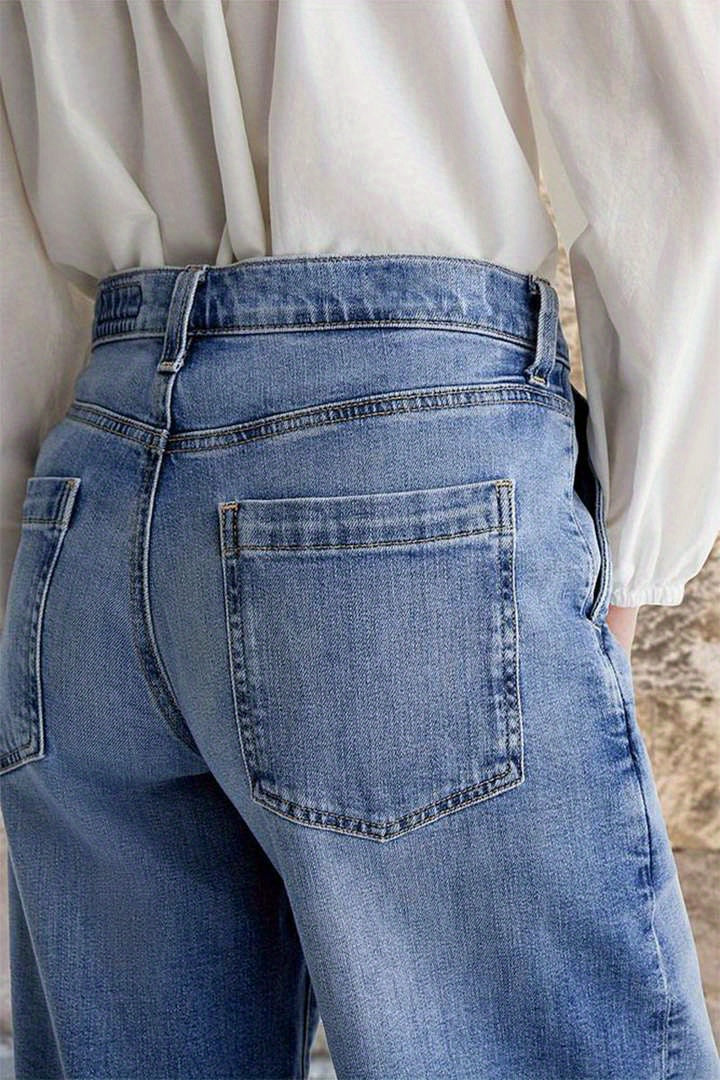 [Vintage High-Waisted Jeans] 1pc Women's High-Waisted Wide-Leg Jeans | Vintage Light Wash with Faded Details, Casual Loose-Fit Trousers Featuring Classic Belt Loops & Pockets, Stylish Full-Length Bottoms for Daily Streetwear,