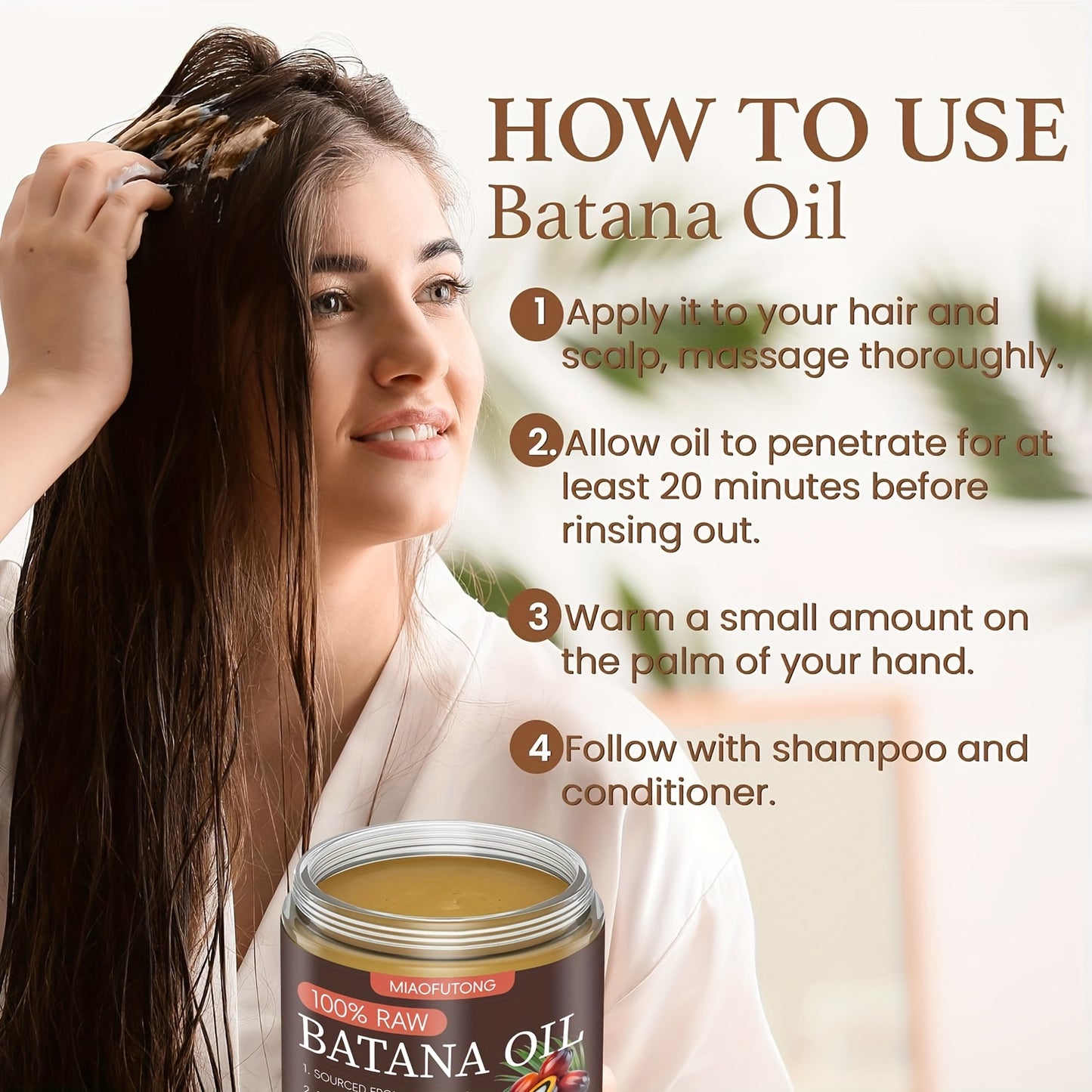 Miaofutong 100% Raw Batana Oil - Moisturizing & Smoothing Hair Treatment for Dry, Damaged Hair - Scalp Nourishment, Suitable for All Hair Types - 4.3oz/120g, Hair Treatment Oils