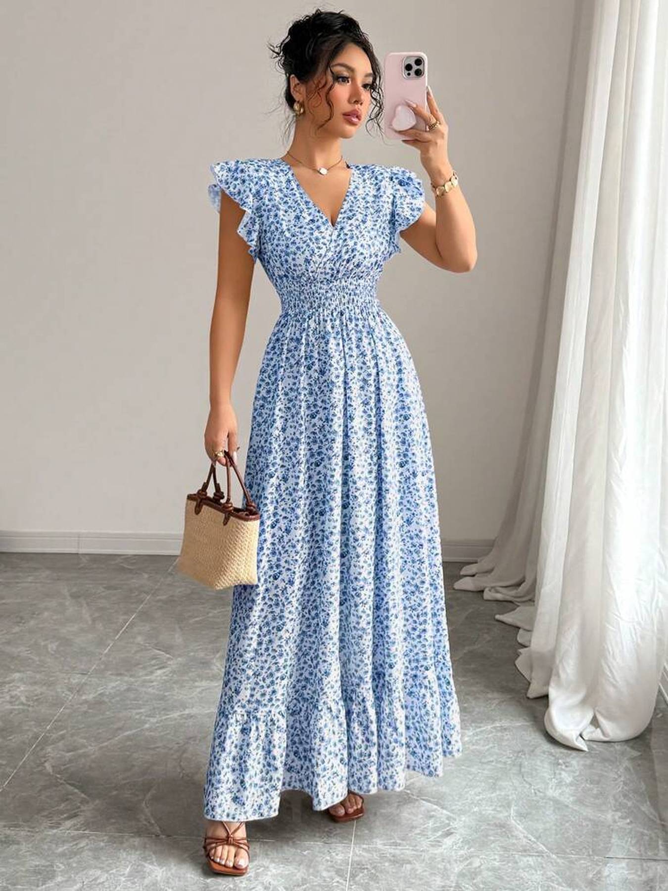 [Elegant Floral Dress] Elegant Floral Print V-Neck Dress with Ruffle Sleeves | Long Sleeveless A-Line Dress for Women - Blue, Perfect for Spring/Summer/Fall, Casual to Formal Wear