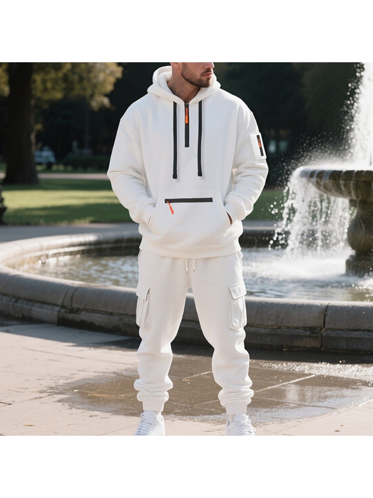 1 Set 2pcs Men's Athletic Casual Tracksuit - Fleece Lined Hooded Long Sleeve Pullover Sweatshirt & Pocketed Sports Pants, Warm Fleece Lining with Breathable Fabric, Perfect for Daily Wear, Outdoor Activities, Home Leisure - M
