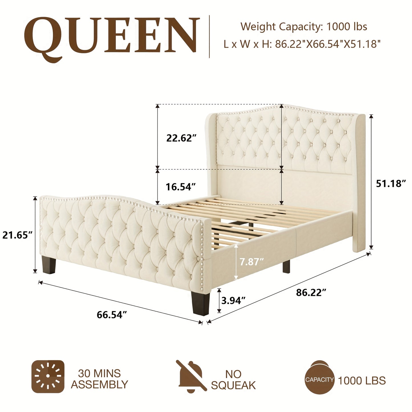 Queen Size Platform Bed Frame with 51-inch Tall Camelback Headboard & Wingback, Gorgeous Studded Trim, Mattress Foundation, No Box Spring Needed, Cream