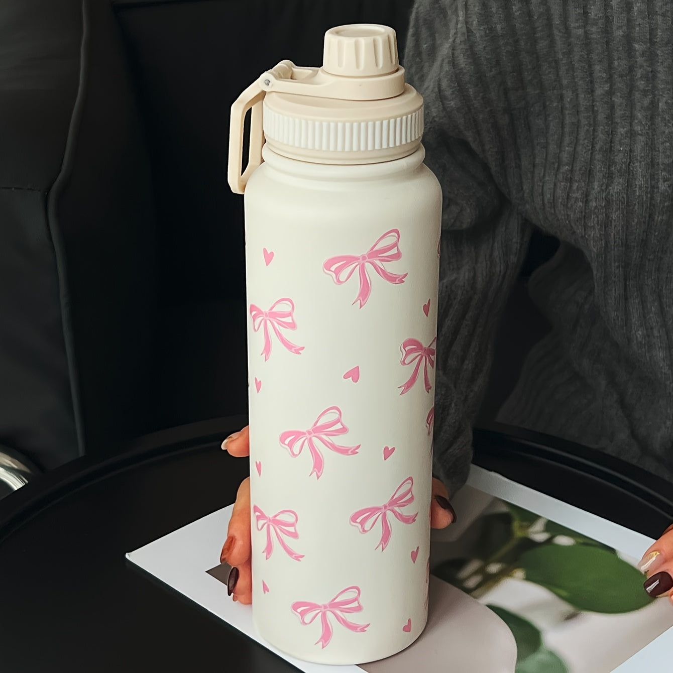 1pc 600ml/800ml/1000ml Pink ins style large bow double-layer stainless steel thermal cup, straight drinking mouth large capacity water bottle, outdoor sports kettle, flat bottom cup, water cup, teapot, tea cup, fitness exerci