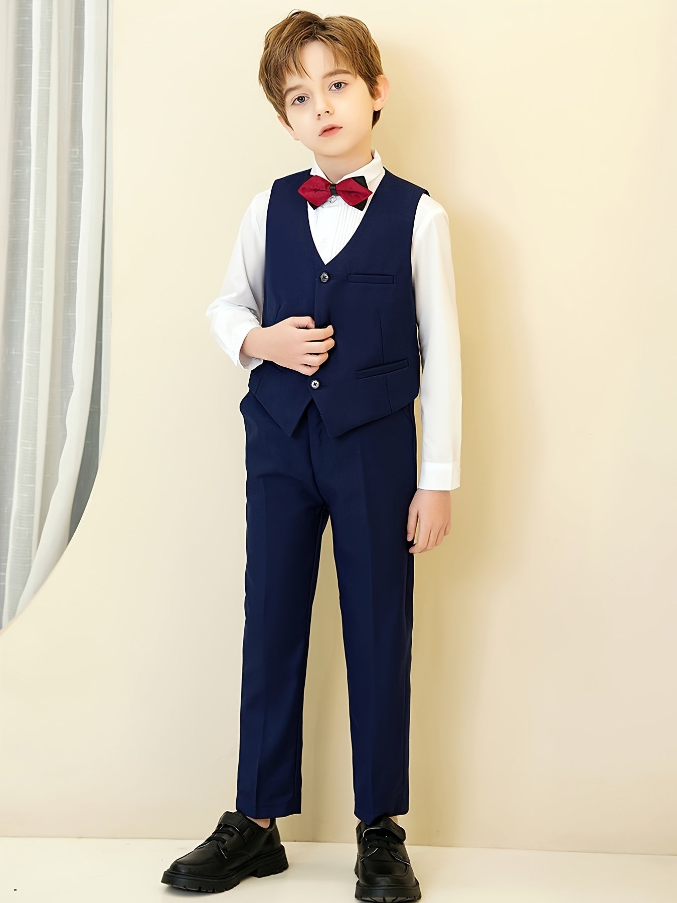 Furuyal Boys' 4pcs Formal Suit Set Vest Pants Collared Dress Shirt And Tie Boys' Suit Size 6-16Y Boys Suits Suitable For Music Festival Graduation Season Party
