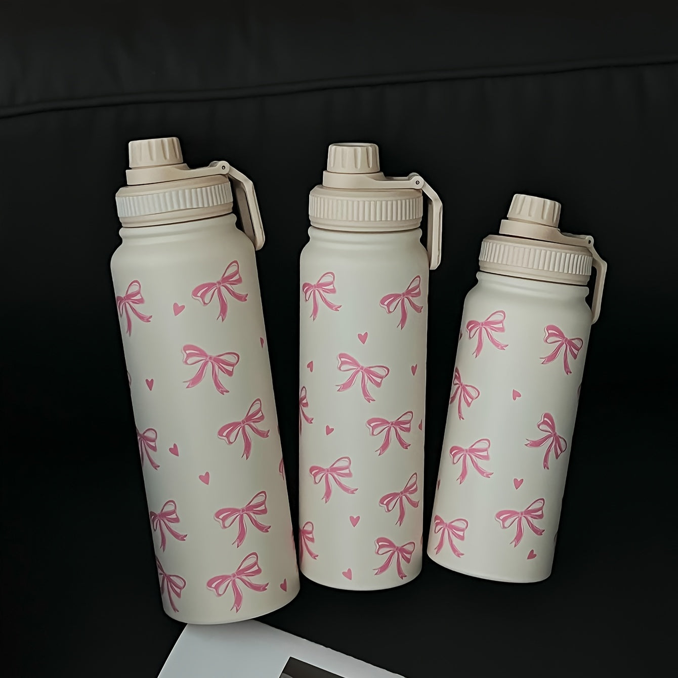 1pc 600ml/800ml/1000ml Pink ins style large bow double-layer stainless steel thermal cup, straight drinking mouth large capacity water bottle, outdoor sports kettle, flat bottom cup, water cup, teapot, tea cup, fitness exerci