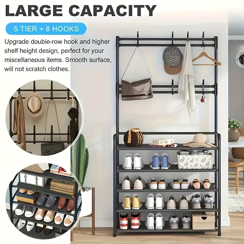 5-Tier Metal Shoe and Coat Rack with Detachable Hooks – Space-Saving Storage for Home, Apartment, or Dorm – Black, Freestanding Design, Perfect for Organizing Shoes and Accessories